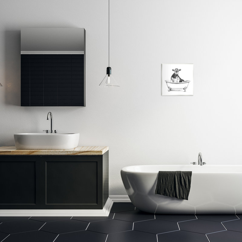 Cow in Claw Tub Black and White Wood Wall Art