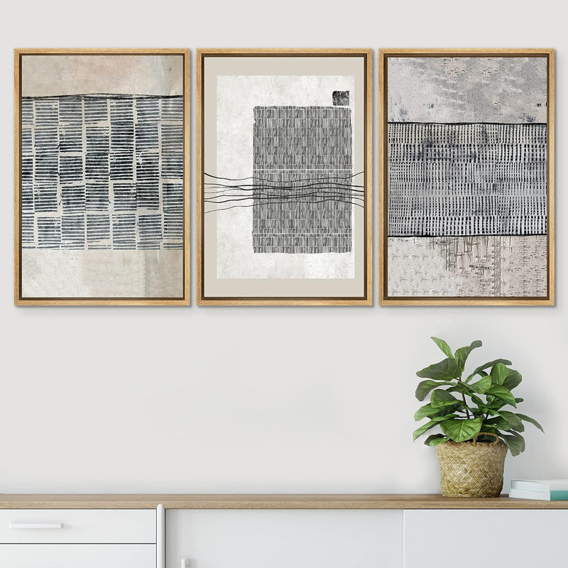 «Geometric Line Black Tan», art industriel, lignes abstraites douillettes, encadré sur toile, 3 pièces, H 36 po x l 24 po