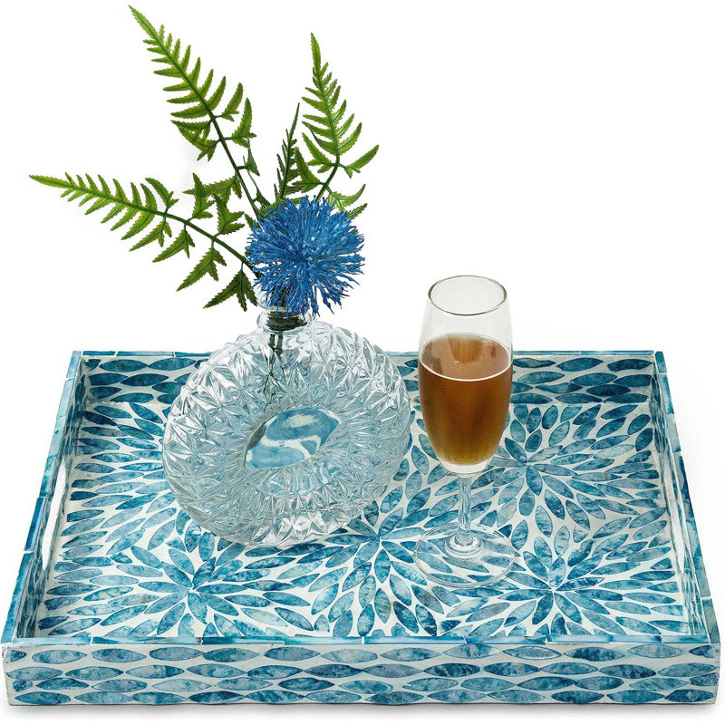 Serving Tray 15.7" X11.8", Lacquer Mother Of Pearl Inlay Mosaic Tray, Rectangle Wooden Marble Tray With Handles Trays For Tea, Breakfast In Bed, Table (Flower Style)