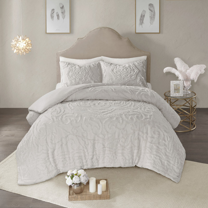 Laetitia Tufted Chenille Cotton 3 Piece Medallion Duvet Cover Set, Gray, King Duvet Cover + 2 King Shams
