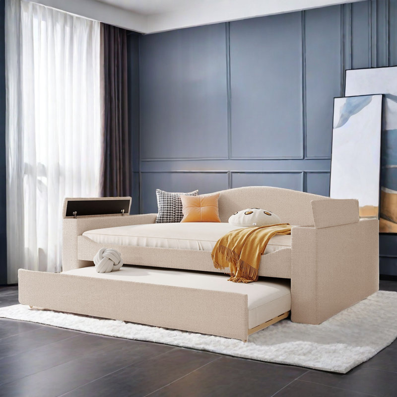 Upholstered Teddy Daybed With Storage Armrests, Trundle And Bluetooth Audio System, Full/Double, Beige