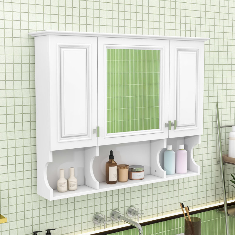 Armoire de salle de bain murale à miroir avec tablettes réglables, rangement dissimulé et rangement ouvert, Blanc