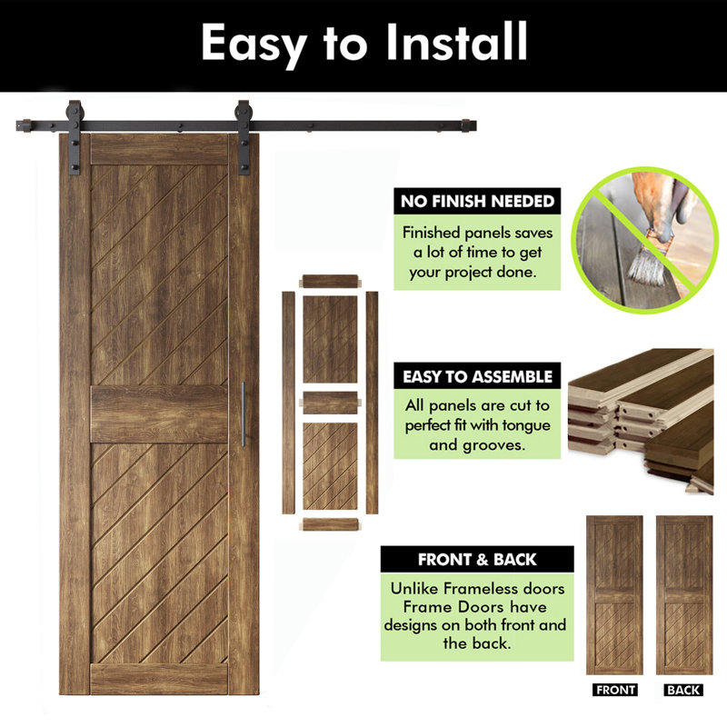Homacer dark walnut unassembled & finished slanted stripe design two barn door with non-bypass installation hardware kit, interior use only