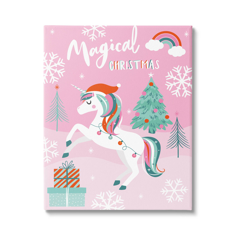 «Magical Christmas», licorne rose sur toile flottante par Angela Nickeas, H 48 po x l 36 po x P 1,5 po, Toile tendue