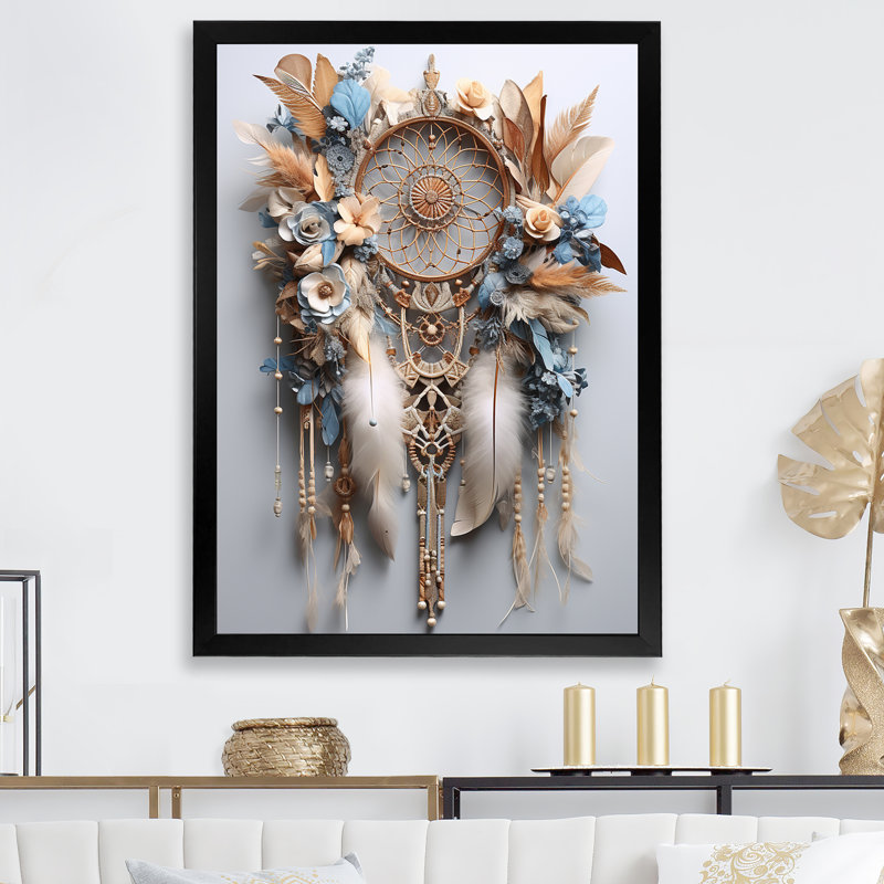 «Beige et bleu» Dreamcatcher Serenity - reproduction d'art sur toile, Cadre simple noir, H 32 po x l 16 po x P 1 po