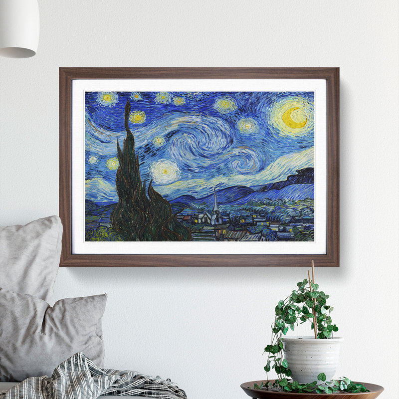 The Starry Night by Vincent Van Gogh - Picture Frame Painting on MDF, 27cm H x 36cm W x 2cm D, Walnut Framed