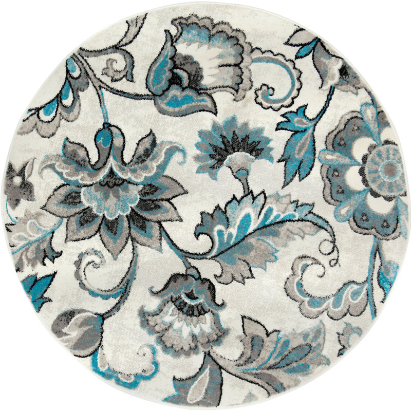 Tapis à motif floral ivoire et bleu, Rond 5 pi 2 po