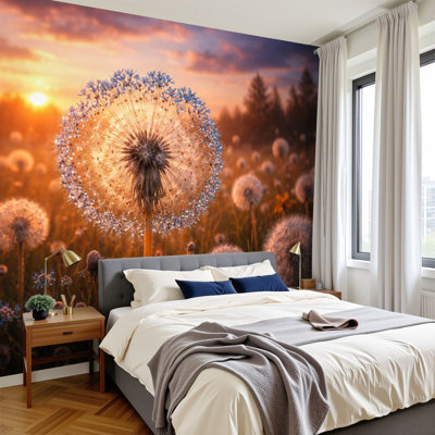 Papier peint adhésif peler et coller champ de pissenlit coucher de soleil doux lumière rougeoyante atmosphère rêveuse art mural auto-adhésif et amovible