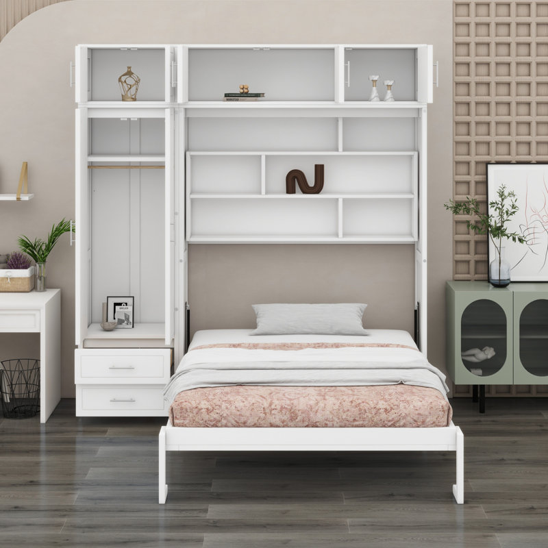 Lit escamotable avec armoire supérieure, tablettes et garde-robe, lit pliant peu encombrant, Blanc