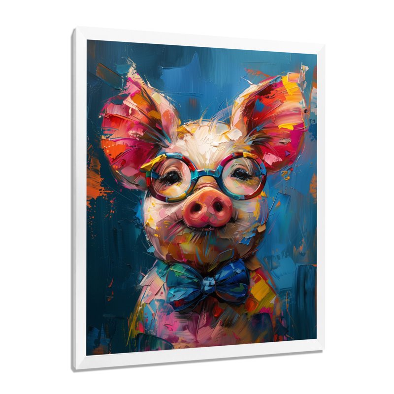 Curieux portrait de cochon bleu et rose, Toile encadrée blanche avec une seule photo, H 44 po x l 34 po x P 1,5 po