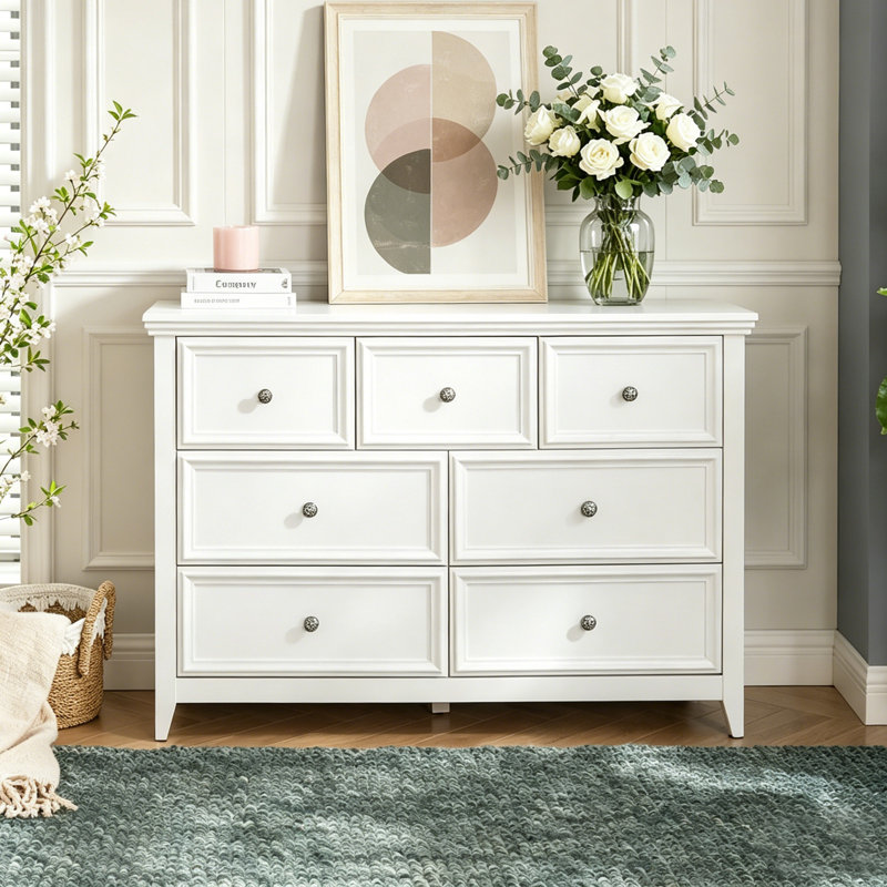  47" Wooden Dresser with 7 Drawers, Tall Chest of Drawers, Storage Tower Cabinet with Metal Handles, Storage Dressers Organizer for Entryway, Living Room, Bedroom
