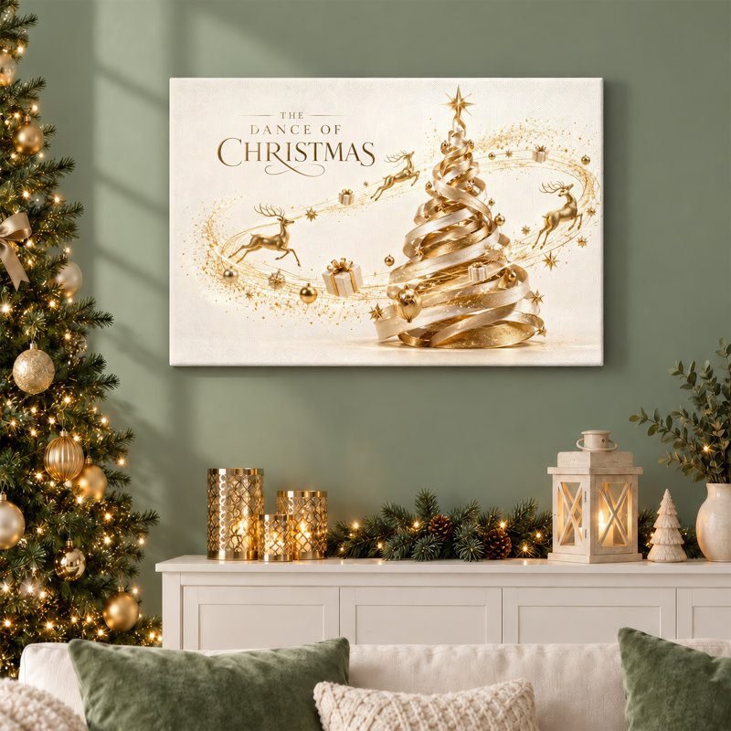 Three Golden Reindeer and Spiral Ribbon Tree Christmas Canvas Wall Art, 24"H x 36"W