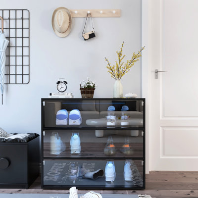 Rangement pour chaussures Anish avec porte en verre noir et étagère au design moderne et élégant