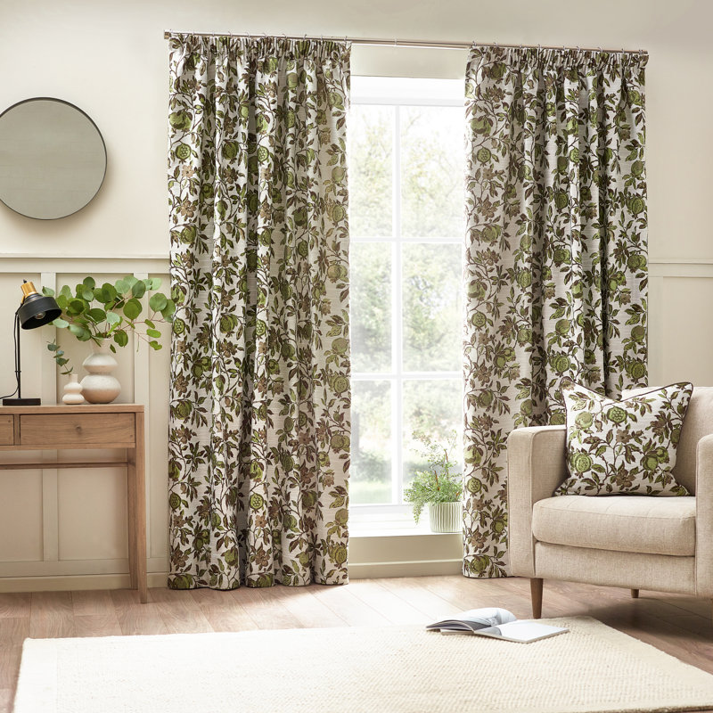 Pomegranate Room Darkening Curtain Pair, Green, Width 168 x Drop 183 cm