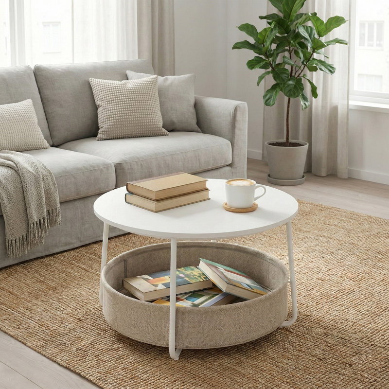 Table ronde avec panier en tissu, Blanc / Brun