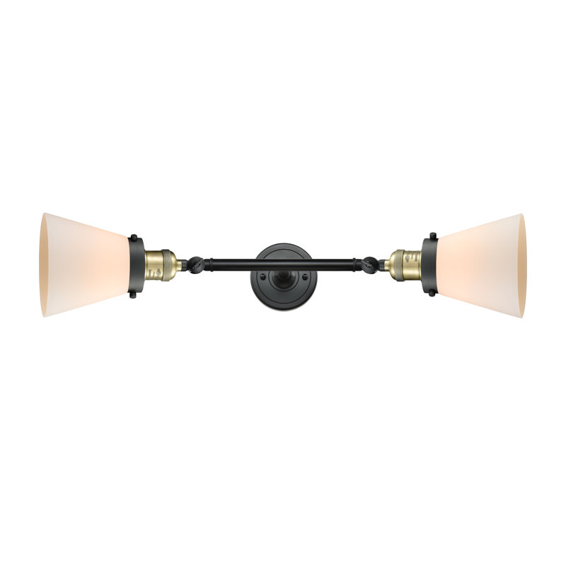 Cone 2 Light Tiltable Bath Vanity Light, Matte White Cased, 6 Watt Vinage LED Bulb, Black Antique Brass