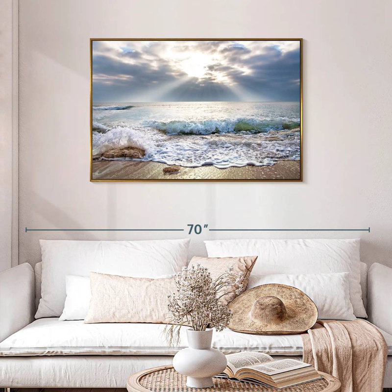 Océan au lever du soleil, Cadre flottant doré, 43 po x 29 po