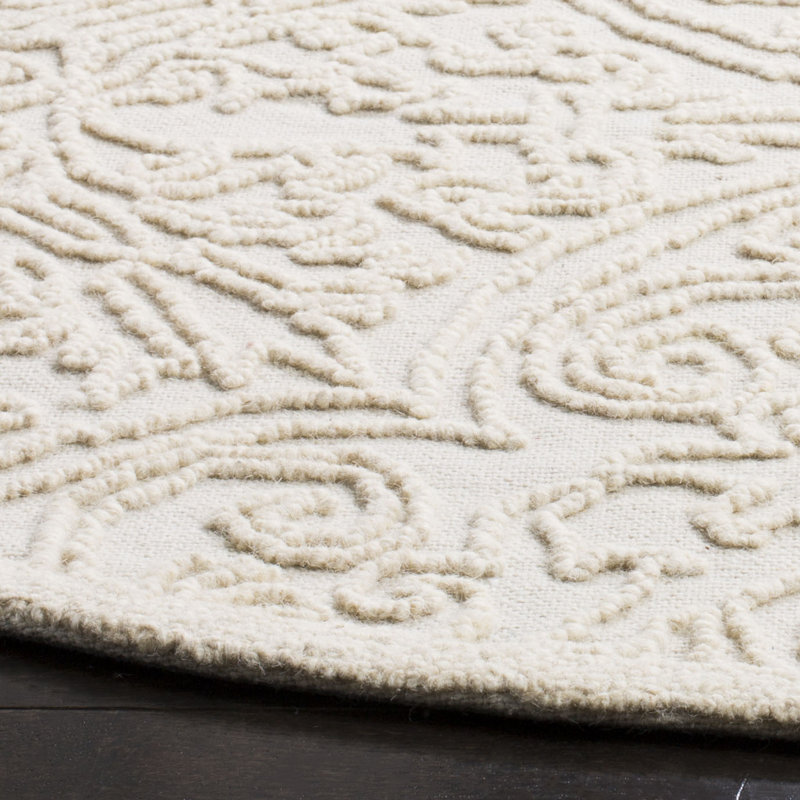 Marys Trace Hand Tufted Wool And Cotton With Latex Floral Rug, Round 4', Ivory
