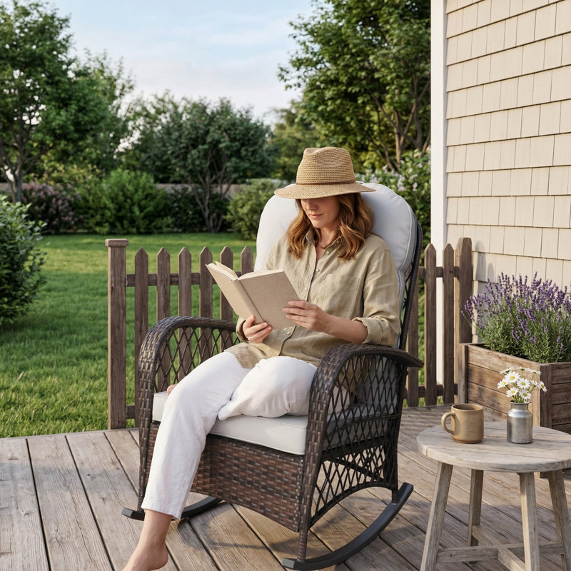 Chaise berçante d'extérieur en osier avec un siège large et un coussin moelleux épais, fabriquée comme une chaise berçante en rotin avec une structure en acier, offrant une grande capacité de poids - Convient pour les patios, les jardins et les cours arrière, Coussin gris
