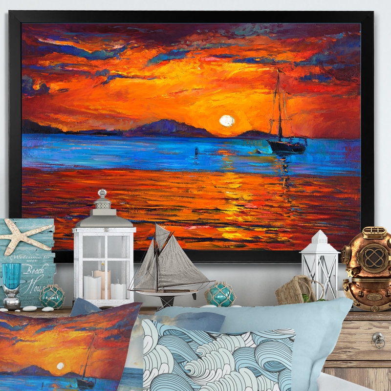 Bateau sur un coucher de soleil orange - reproduction d'art sur toile, Cadre photo noir, H 8 po x l 12 po x P 1 po