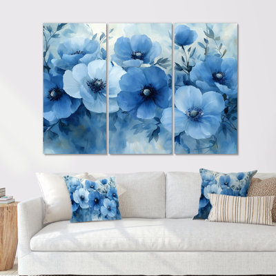 «Blue Floral Cascade Of Poppies Flower III» - art mural coquelicots - ensemble de 3