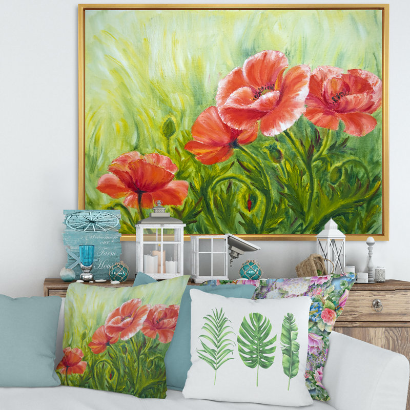«Red Blossoming Poppies III», peinture sur toile, Toile encadrée dorée, H 30 po x l 40 po x p 1 po