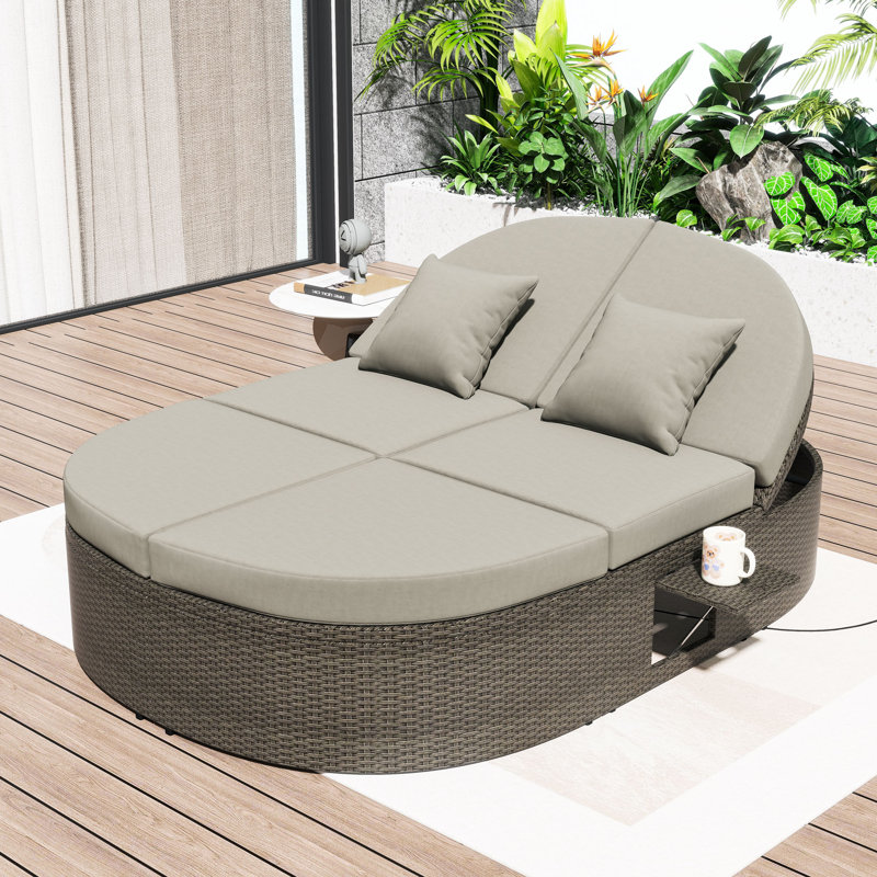 2-Person Rattan Chaise Lounge with Adjustable Backrests and Cushions for Patio or Poolside, Brown, Gray