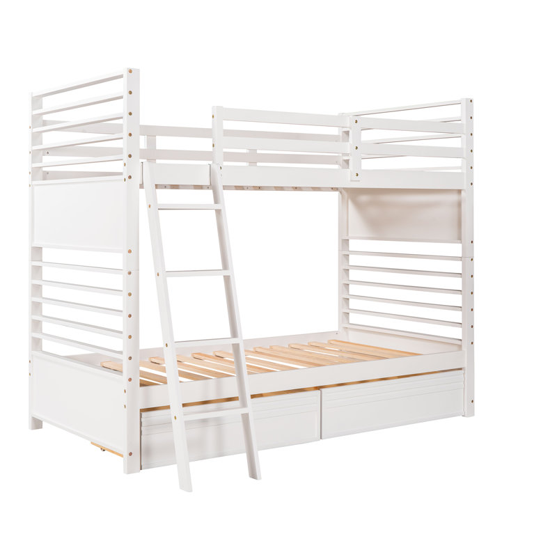 Lit simple superposé en bois avec deux tiroirs, Blanc
