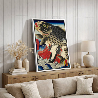 «Samurai and Giant Koi Ukiyo-e», œuvres d'art de la mythologie japonaise, impression sur toile encadrée