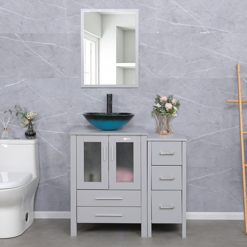 Ensemble de meuble-lavabo simple 36 po avec lavabo vasque Cammille, plateau en bois manufacturé, robinet, bonde, Gris, Gris