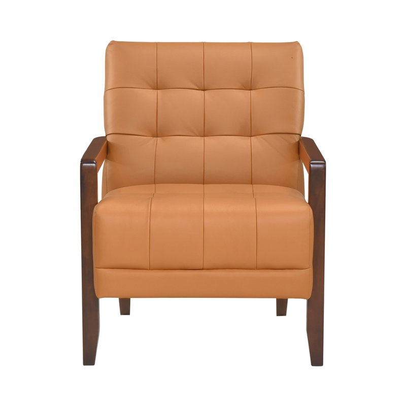 Fauteuil d'appoint moderne en cuir orange avec détails capitonnés et pieds en bois au fini noyer, Cuir fleur orange