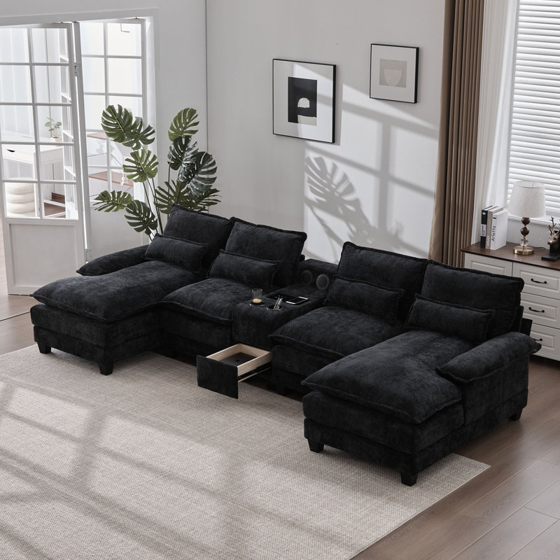 127''  Sectional Couches For Living Room,U Shaped Cloud Couch Sectionals With Console Bluetooth Speaker For Living Room-Black