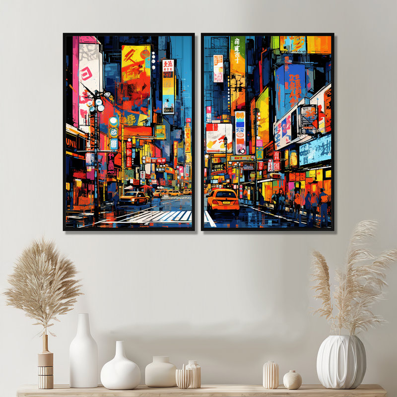 «Colorful City», ensemble de 2 impressions sur toile multicolores, Impression encadrée flottante, Noir, H 36 po x l 48 po