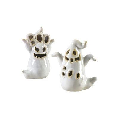 Mini fantômes en porcelaine avec lumières DEL Trinx - décorations d'Halloween, décorations de table et de tablettes effrayantes, figurines de fêtes durables pour Halloween, ensemble de 2