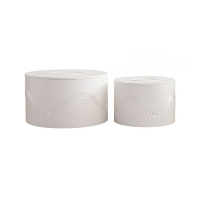 Set of 2 White Round Nesting Coffee Tables with Hidden Storage, Modern Wavy MDF Painted Tables, Fully Assembled