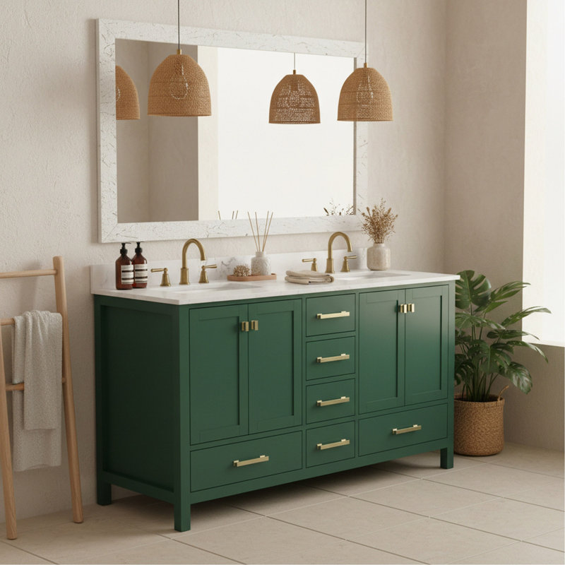 Meuble-lavabo 60 po, meuble-lavabo avec cadre en bois massif, comptoir autoportant avec 2 lavabos vert
