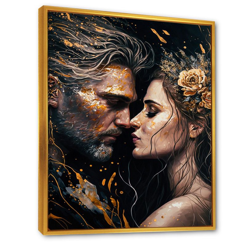 «Black and Gold Couple Kissing Art II», art mural traditionnel sur toile, L 30 po x H 40 po, Cadre flottant doré
