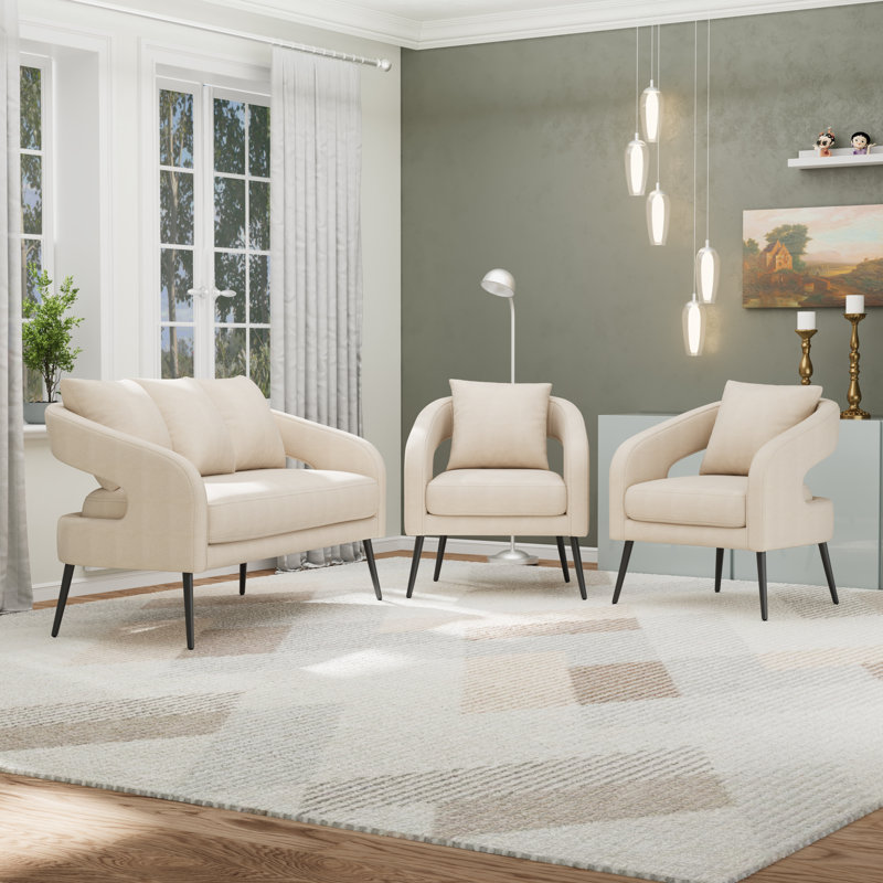 Ensemble de meubles 3 pièces, causeuse l 53,7 po avec 2 chaises de lecture et coussins, Beige