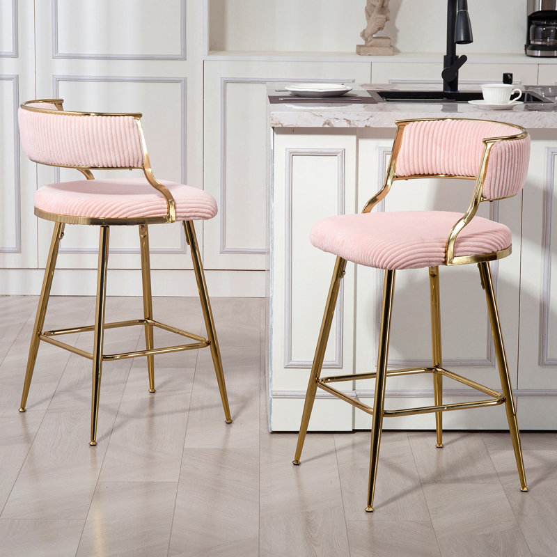 (Ensemble de 2) Tabouret de bar 26 po à hauteur de comptoir en velours côtelé avec dossier, base chromée dorée et repose-pieds