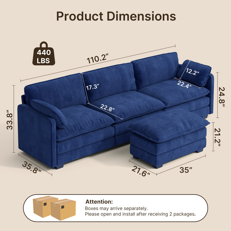 Canapé Cloud 3 places en velours côtelé de 110 pouces, canapé moderne rembourré à compression avec accoudoirs carrés et pouf amovible.