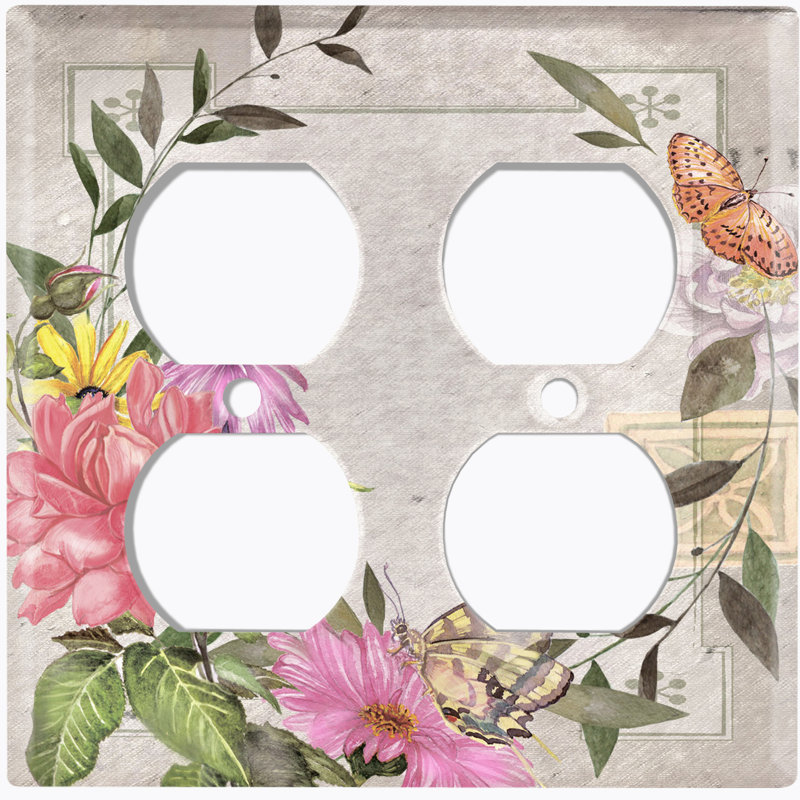 Pink Yellow Magnolia Flowers Butterfly Leaves Tan 2-Gang Duplex Outlet Wall Plate