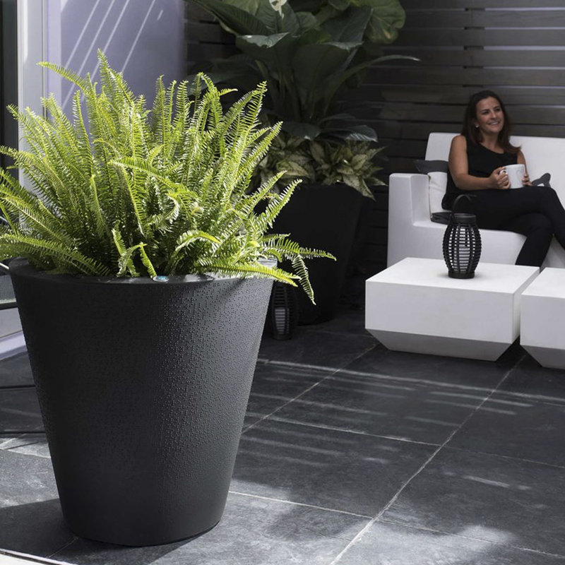 Dot Self Watering Plastic Pot Planter, Caviar Black, 16" H x 16" W x 16" D