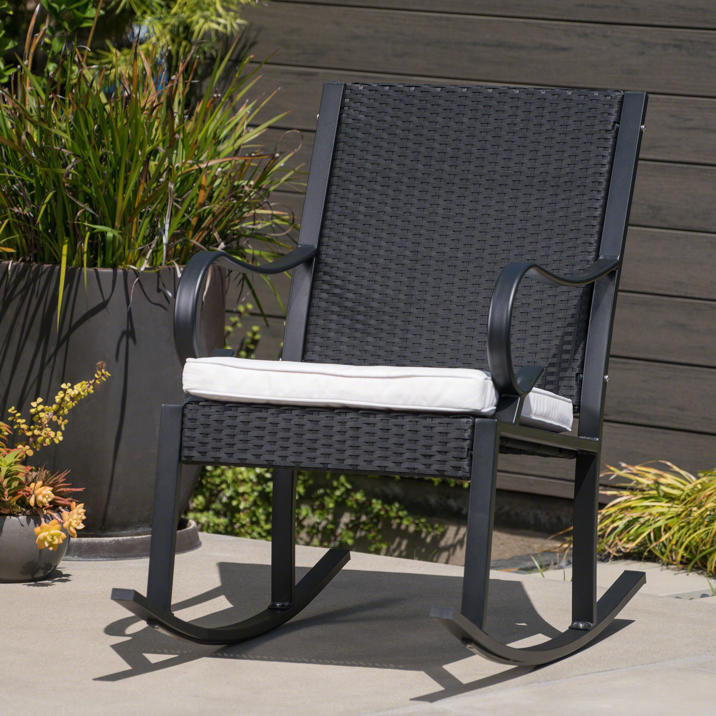 Winston Porter Aniiya Outdoor Wicker Rocking Chair with Cushions ...