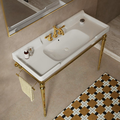 48" Retro Modern Ceramic Console Bathroom Vanity with Metal Stand