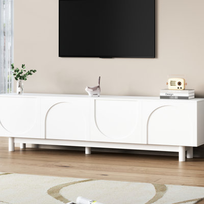 Meuble audio-vidéo Graceful pour téléviseur de 78 po: blanc, armoires en arche, pieds en bois massif, tablettes réglables, support de téléviseur luxueux: arrangement minimaliste soigné