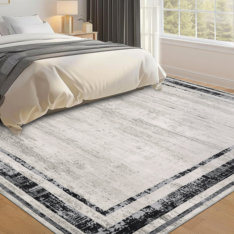 Modern Bordered Area Rugs Living Room Distressed Carpet Non Slip Low Pile Accent Rug for Dining Room Home Office Nursery