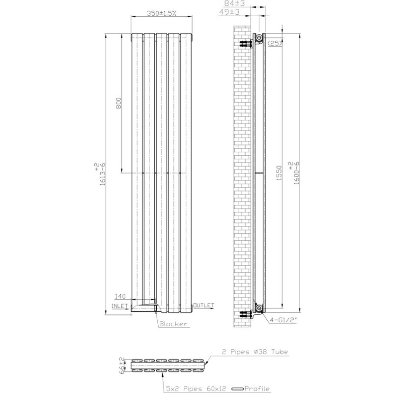 Designer Radiator, Grey, 62cm H x 13cm W x 3cm D