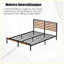 Structure de lit double avec tête de lit en bois, lit plateforme en métal robuste avec rangement sous le lit, support de lattes silencieux, aucun sommier requis, brun rustique et noir