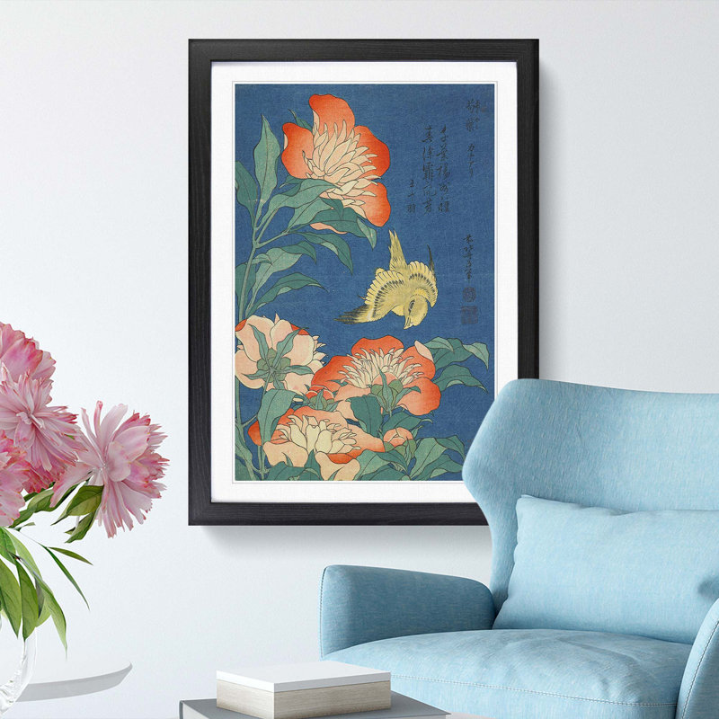 Canary and Peony by Katsushika Hokusai - Picture Frame Painting Print, Black Framed, 36cm H x 27cm W x 2cm D
