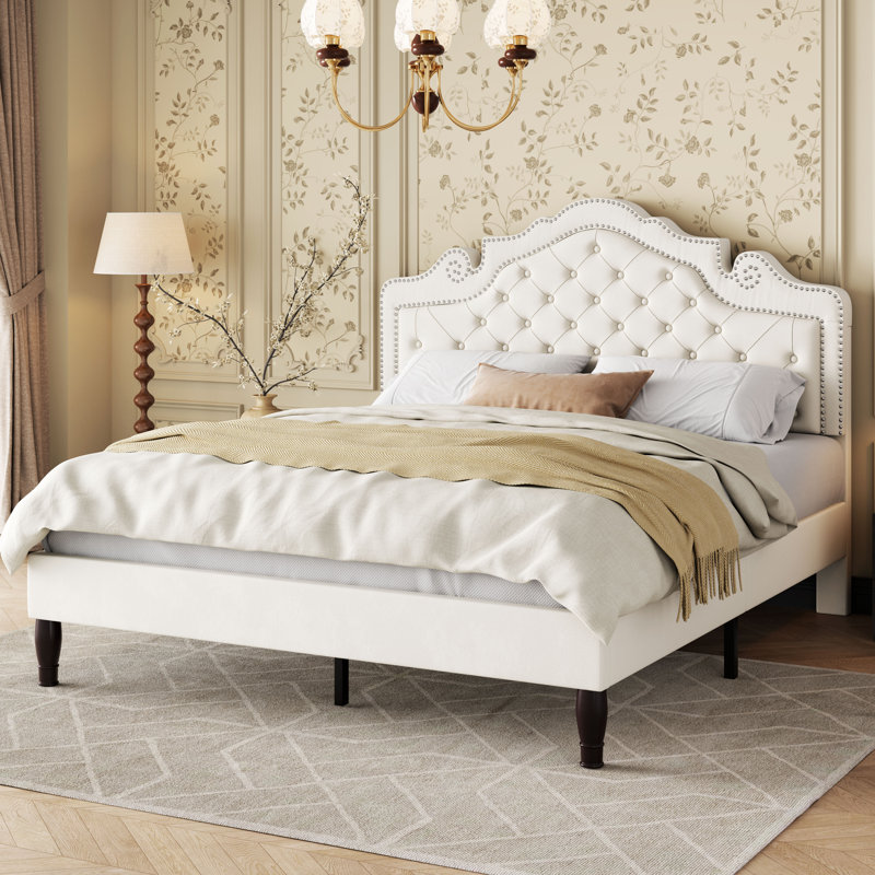 Antonious Velvet Tufted Crown-Shaped Headboard Platform Bed，3-Level Adjustable Height ,No Box Spring Needed,Underbed Storage,Queen Size,White